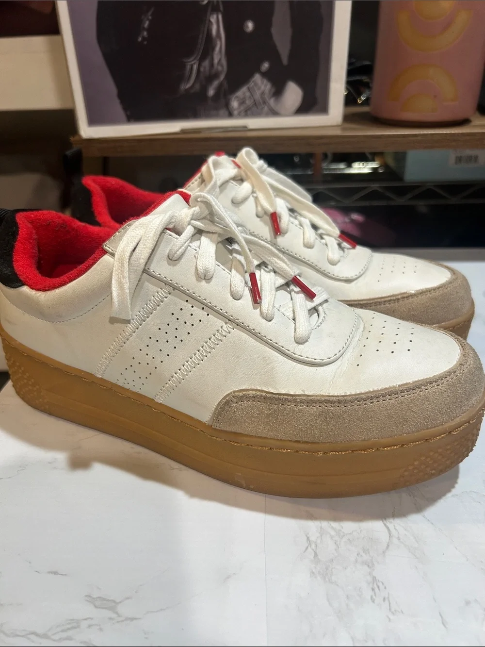 Zara White, Red & Tan Platform Sneakers